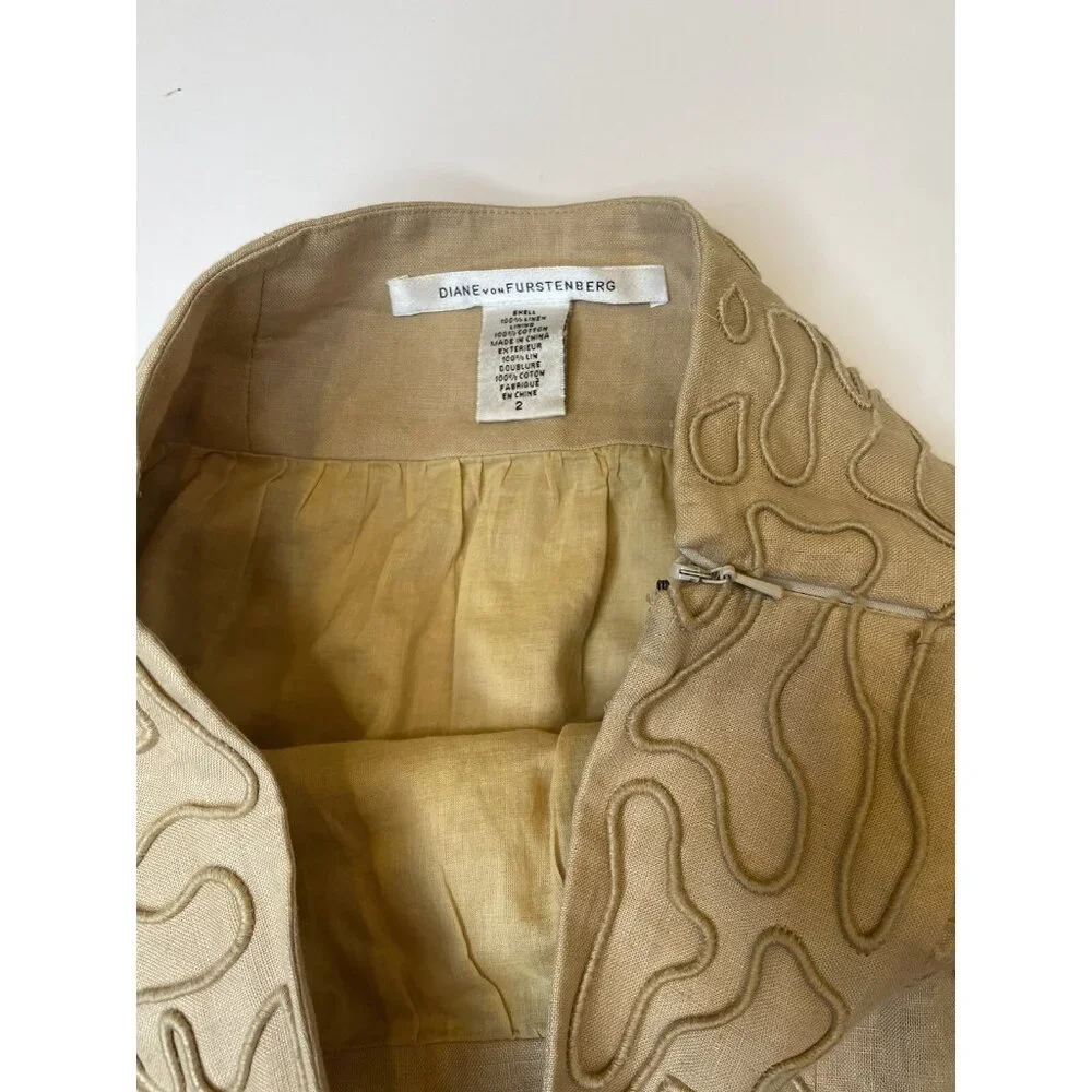 DVF Paquerita Linen Mini Skirt Beige XS 2 Textured Embroidered Boho Chic - Picture 4 of 13